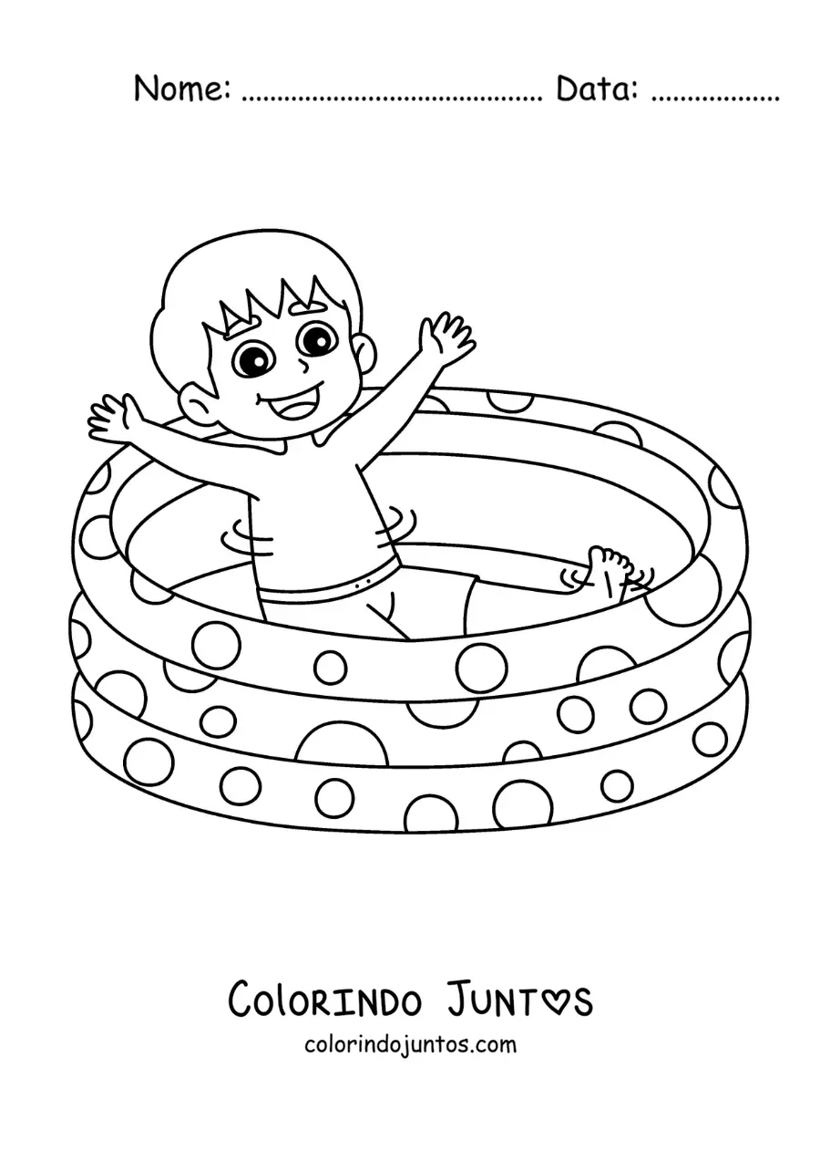Desenho para colorir de um menino em uma piscina inflável