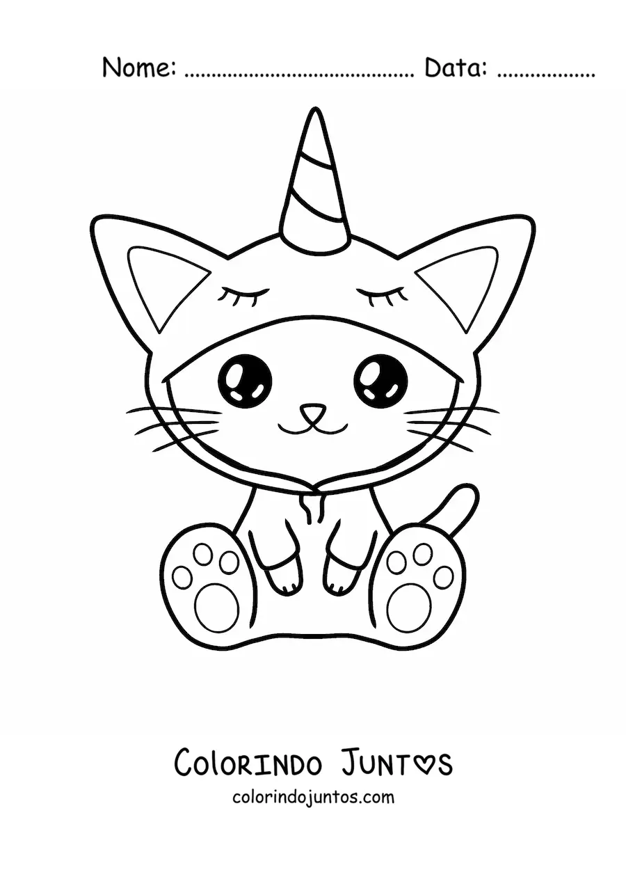 Desenho para colorir de um gato kawaii fantasiado de unicórnio