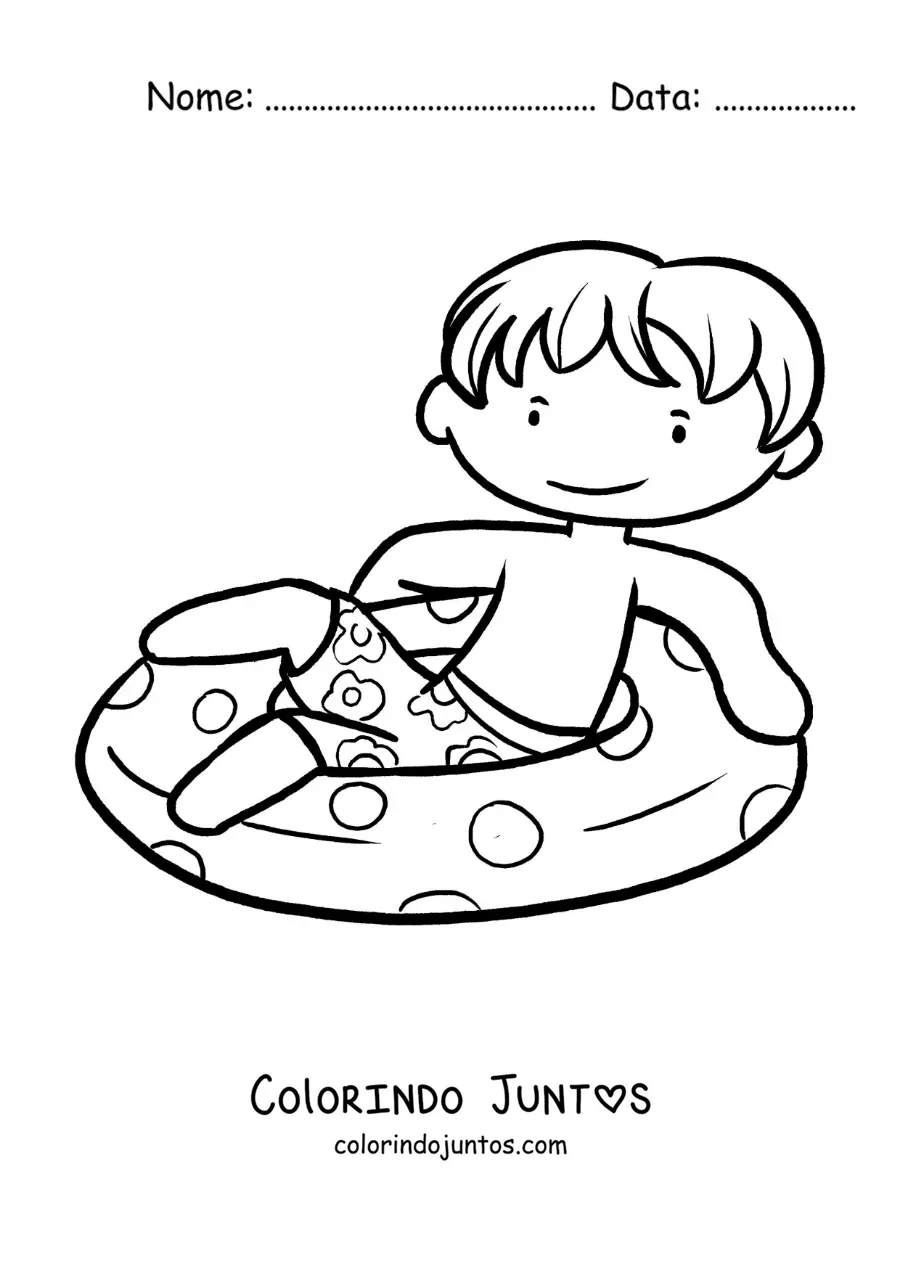 Desenho para colorir de um menino boiando em uma piscina