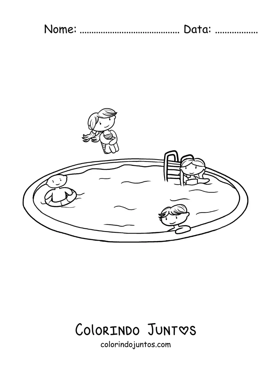 Desenho para colorir de crianças em uma festa na piscina