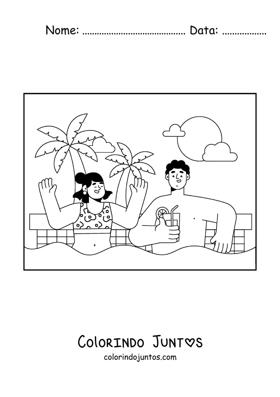 Desenho para colorir de um casal jovem de férias em uma piscina