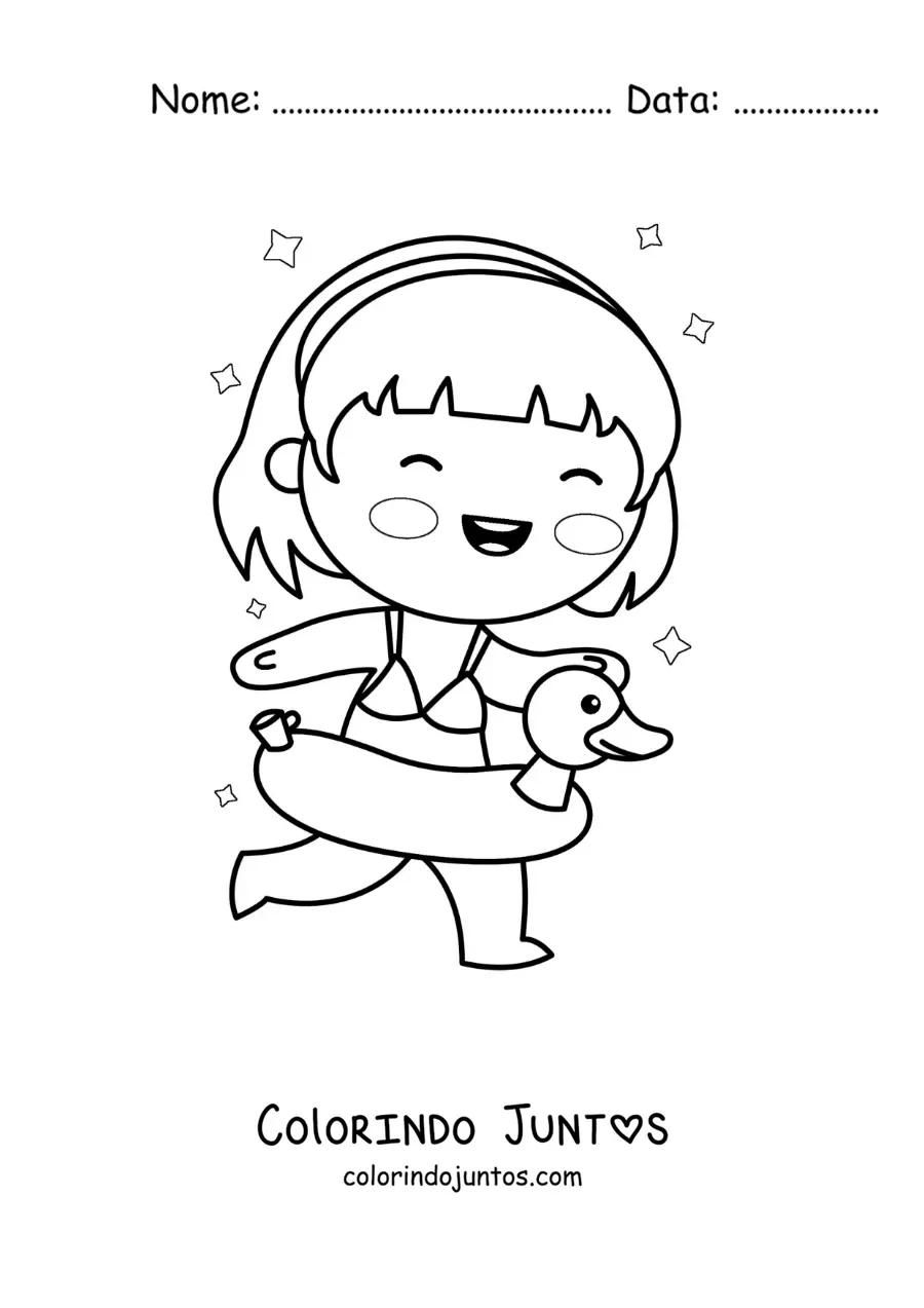 Desenho para colorir de uma menina correndo com uma boia de pato