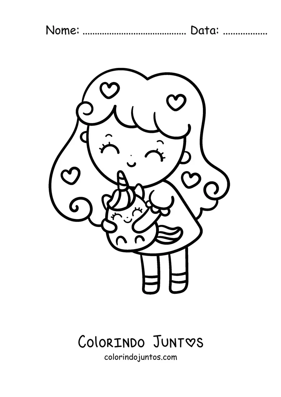 Desenho para colorir de uma menina kawaii segurando um unicórnio de brinquedo