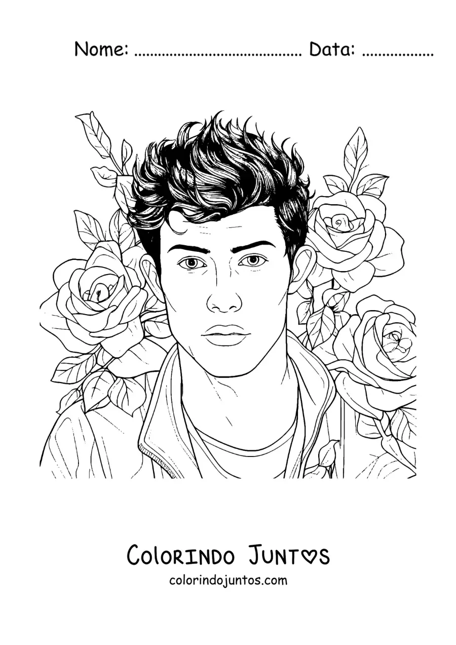 Desenho para colorir de um retrato de Shawn Mendes com flores