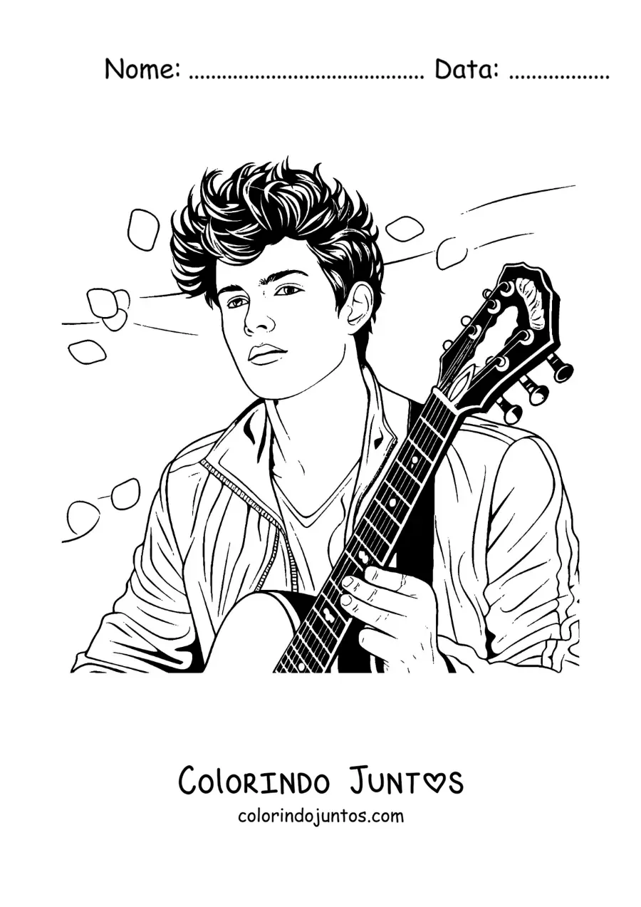 Desenho para colorir de Shawn Mendes tocando violão com pétalas de flores