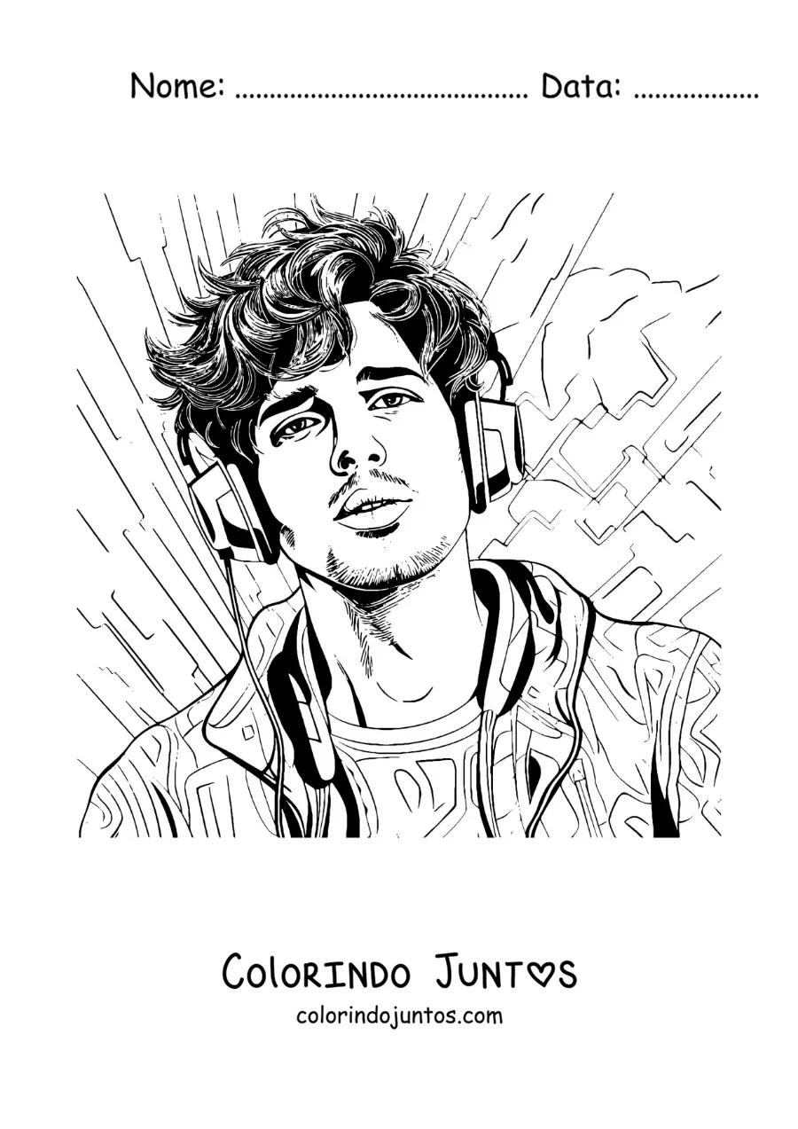 Desenho para colorir de um retrato de Sebastián Yatra com fones de ouvido em estilo realista