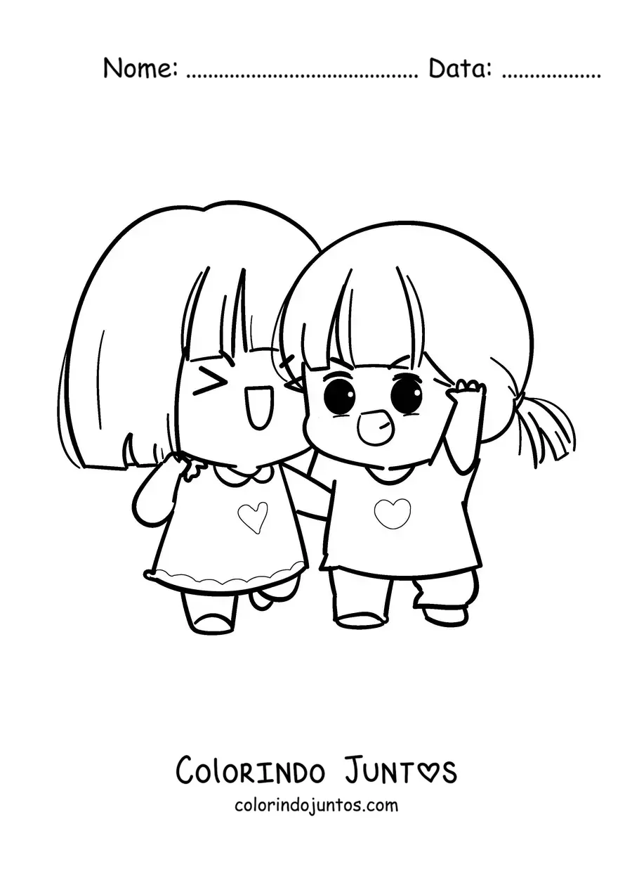 Desenho para colorir de duas meninas kawaii sorrindo felizes