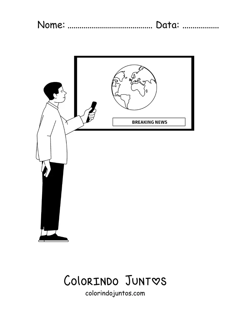 Desenho para colorir de um homem assistindo a uma reportagem de notícias na televisão