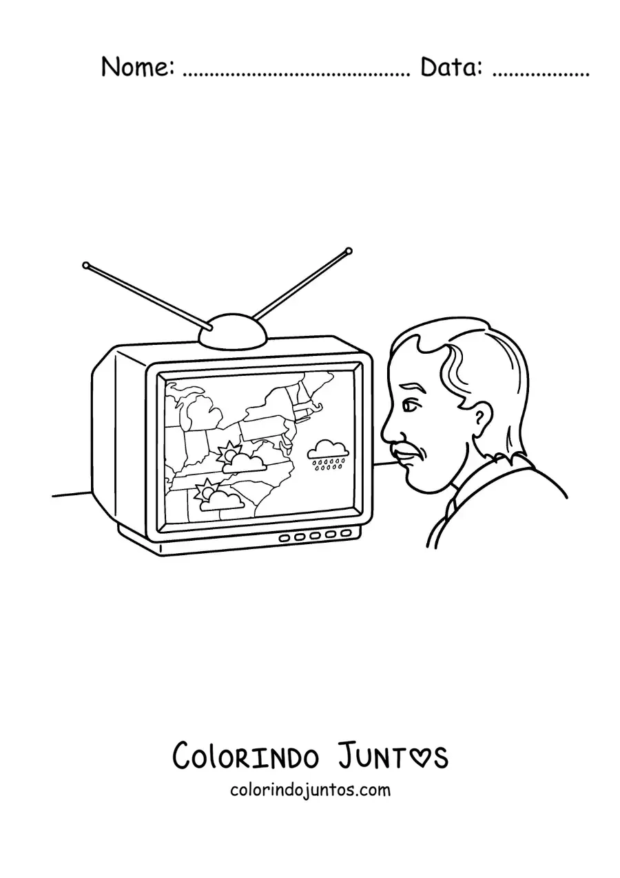 Desenho para colorir de um homem assistindo à previsão do tempo na televisão