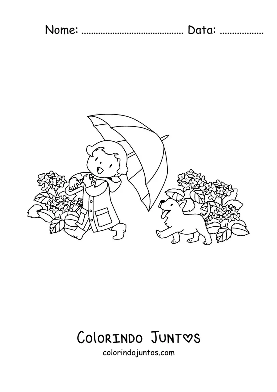 Desenho para colorir de uma menina kawaii passeando com uma sombrinha ao lado de um cachorro