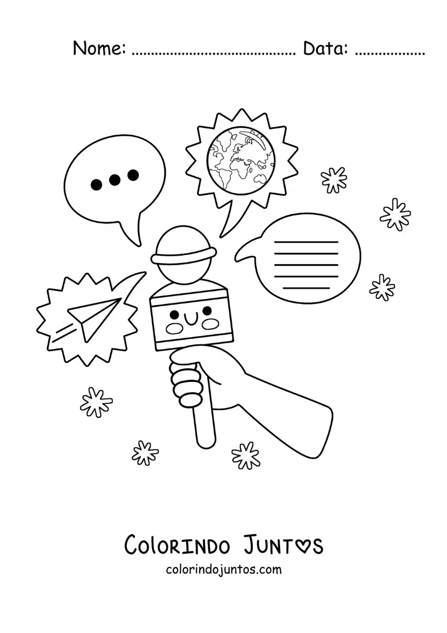 Desenho para colorir de um microfone animado informando ao mundo as notícias atuais