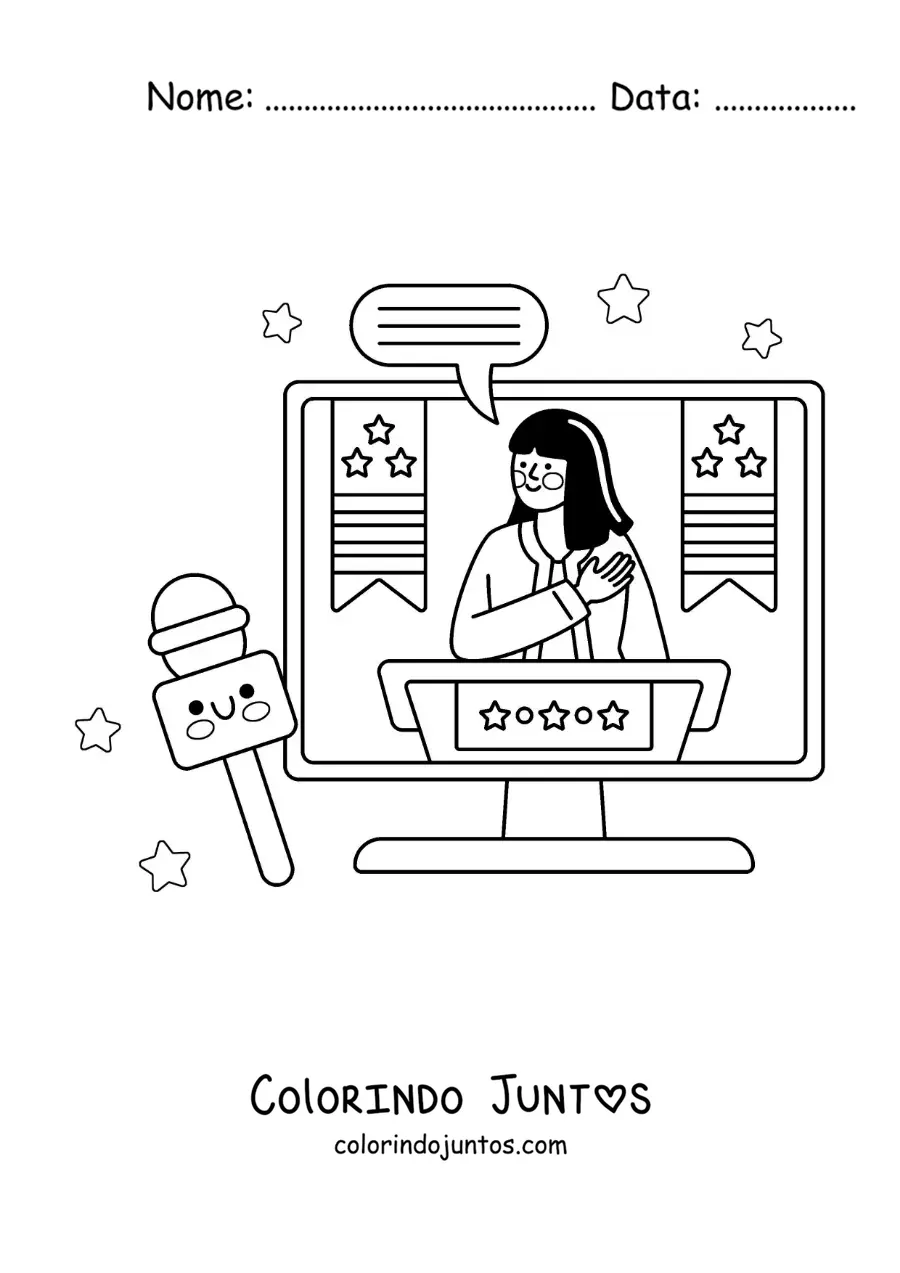 Desenho para colorir de uma reportagem de notícias na televisão e um microfone animado