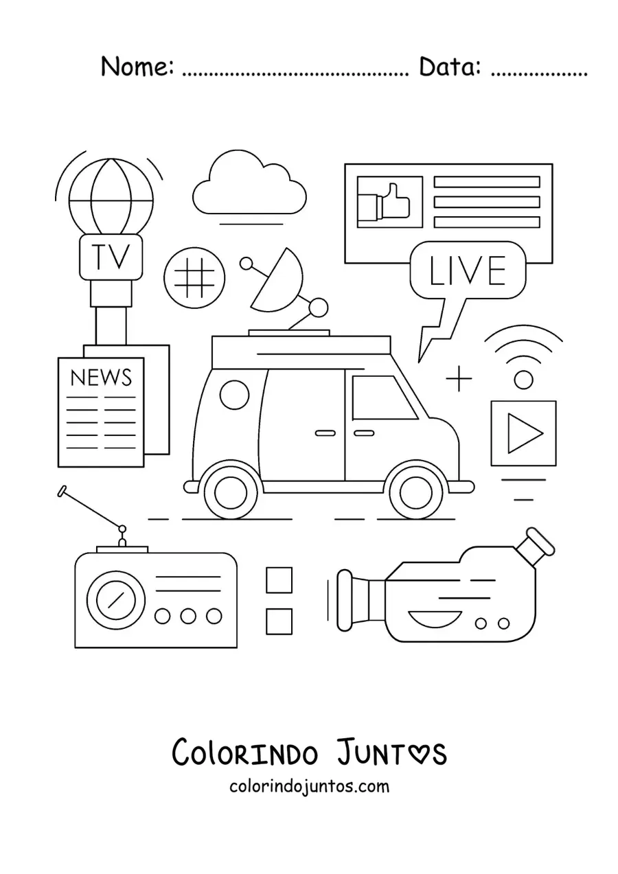 Desenho para colorir de uma televisão, um microfone, uma câmera e outros símbolos de comunicação