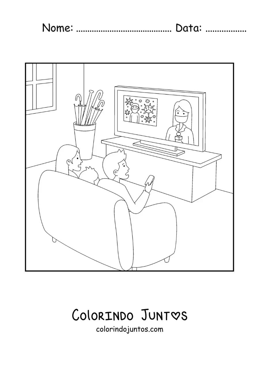 Desenho para colorir de uma família assistindo às notícias sentada em frente à televisão