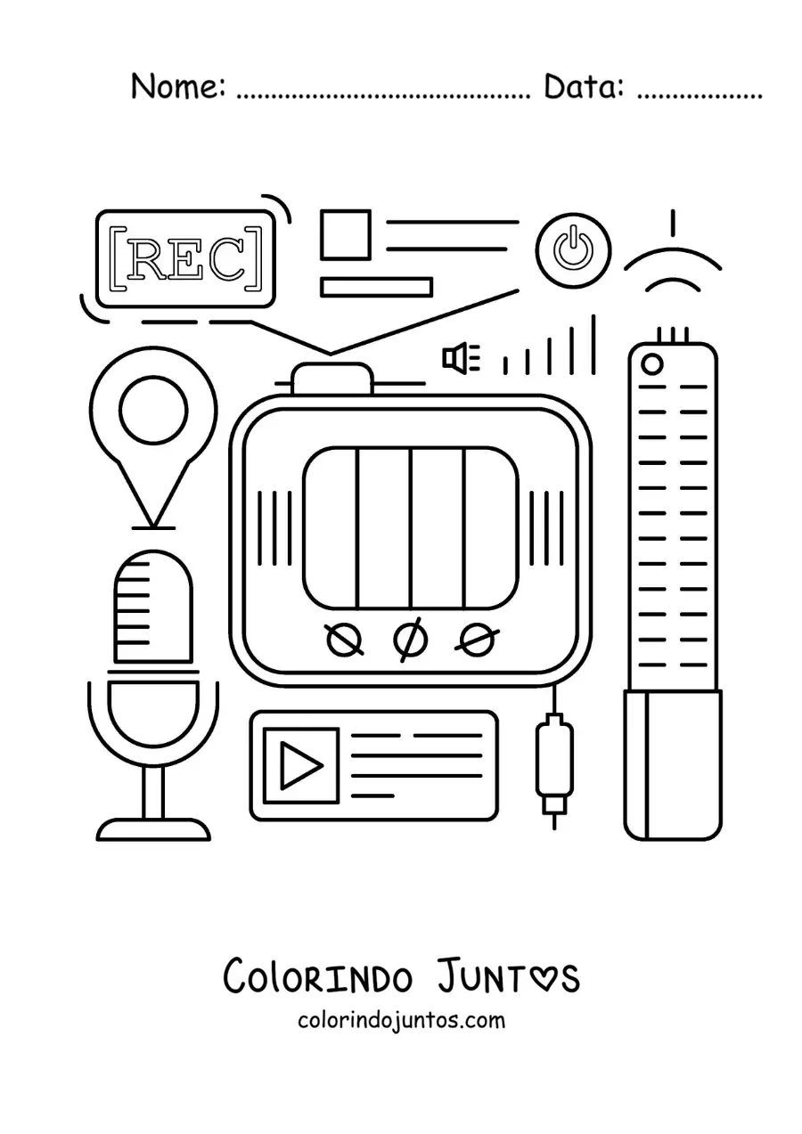 Desenho para colorir de uma televisão, um microfone e símbolos das TIC
