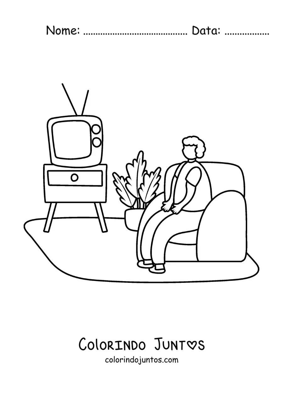 Desenho para colorir de uma pessoa assistindo à televisão no sofá