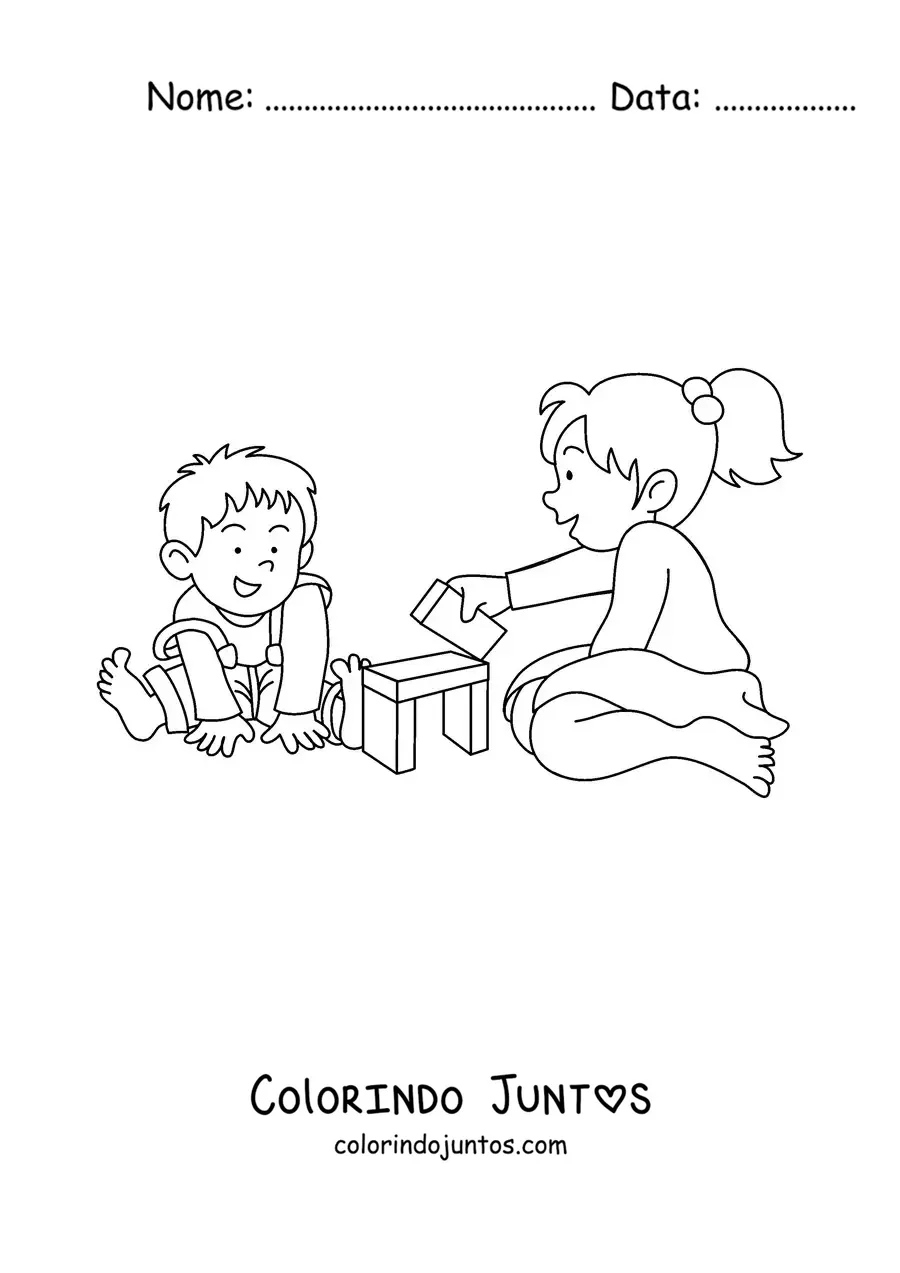 Desenho para colorir de uma menina sentada brincando com seu irmão mais novo