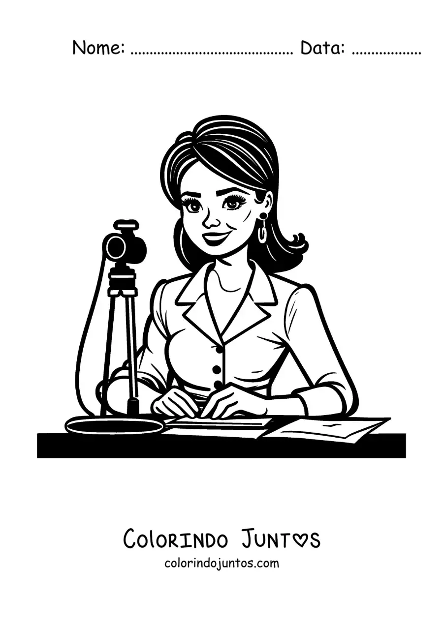 Desenho para colorir de uma jornalista na televisão