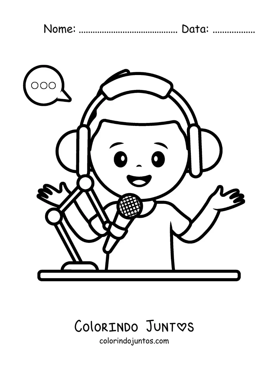 Desenho para colorir de um menino falando em um programa da rádio escolar