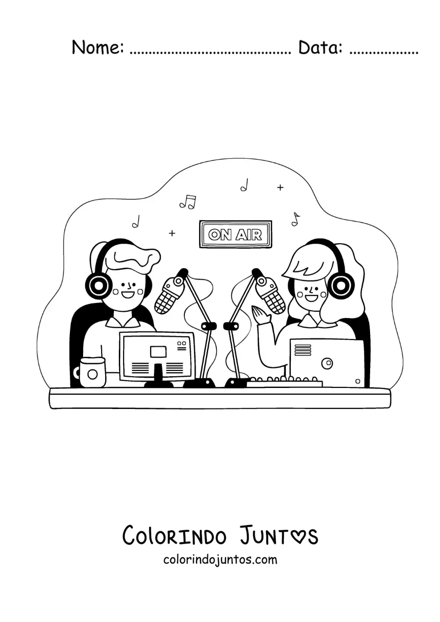 Desenho para colorir de uma menina e um menino gravando um podcast