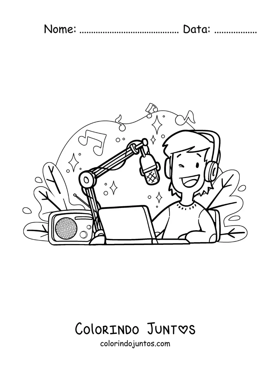 Desenho para colorir de um menino jovem gravando um programa de rádio