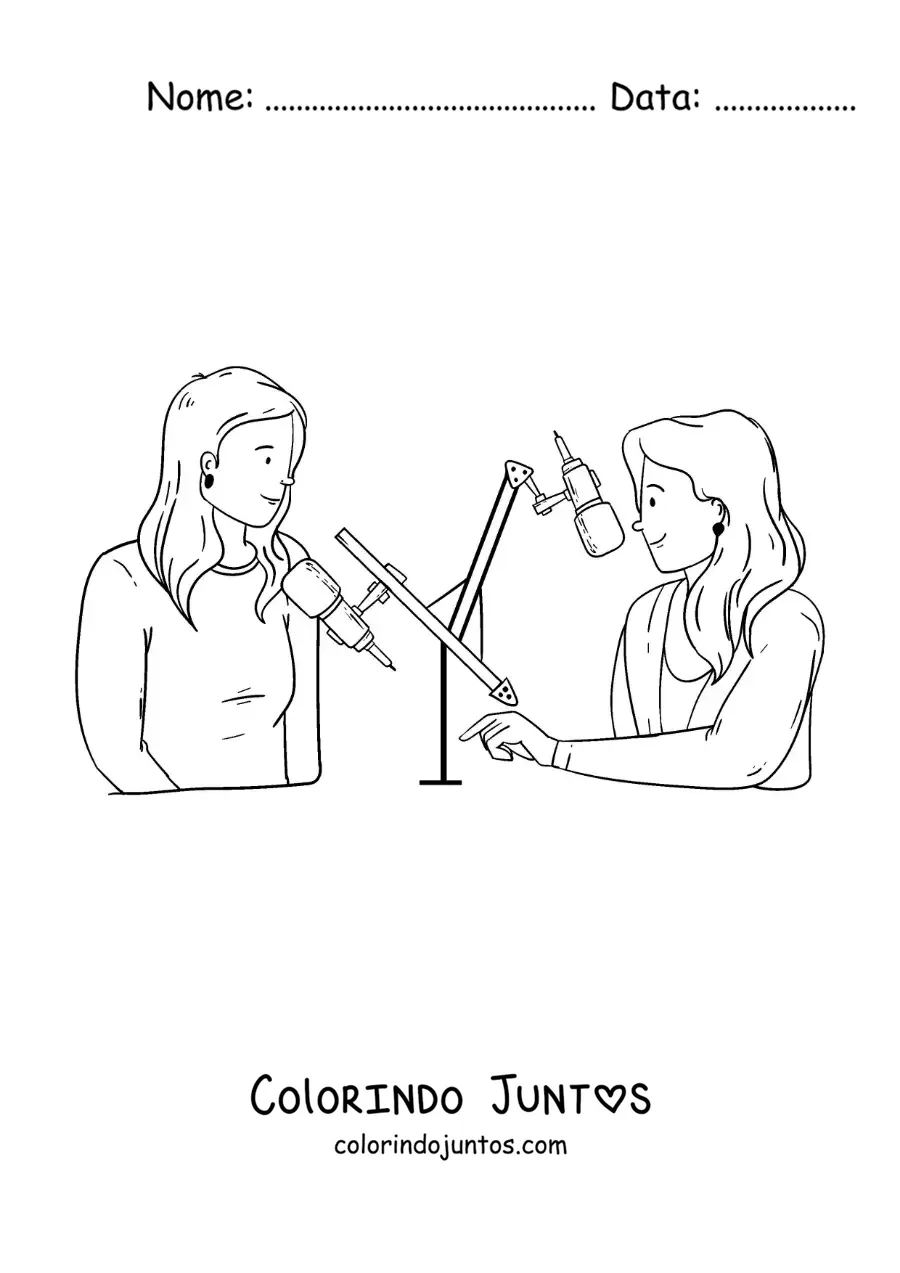 Desenho para colorir de duas mulheres em um programa de rádio
