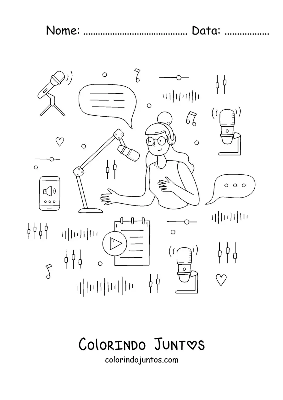 Desenho para colorir de uma menina gravando um programa de rádio que é transmitido para o mundo todo