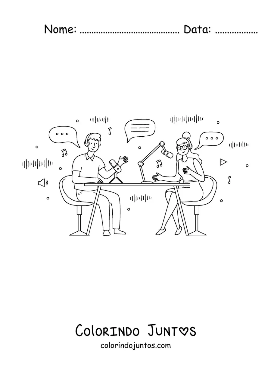 Desenho para colorir de um homem e uma mulher gravando um podcast