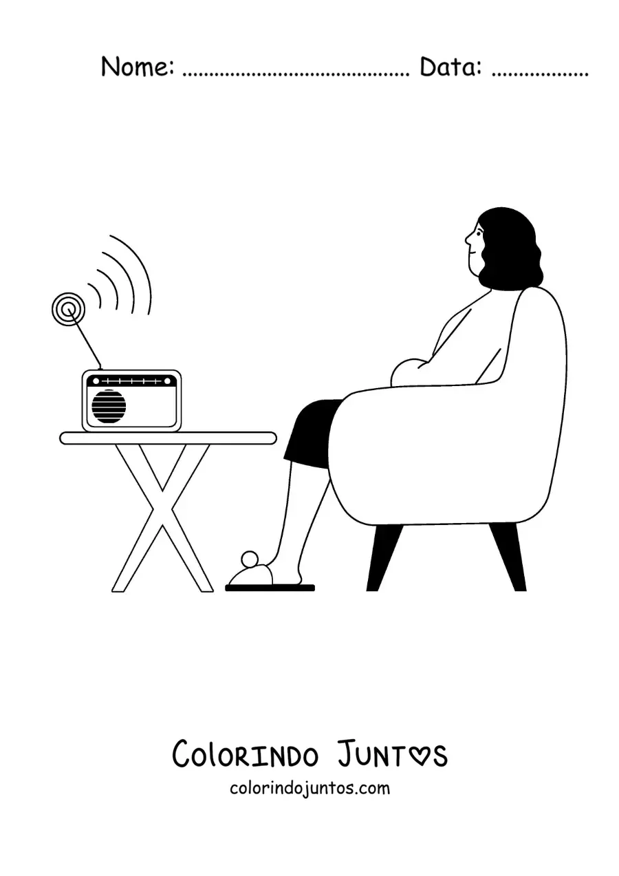 Desenho para colorir de uma mulher sentada ouvindo as notícias do rádio