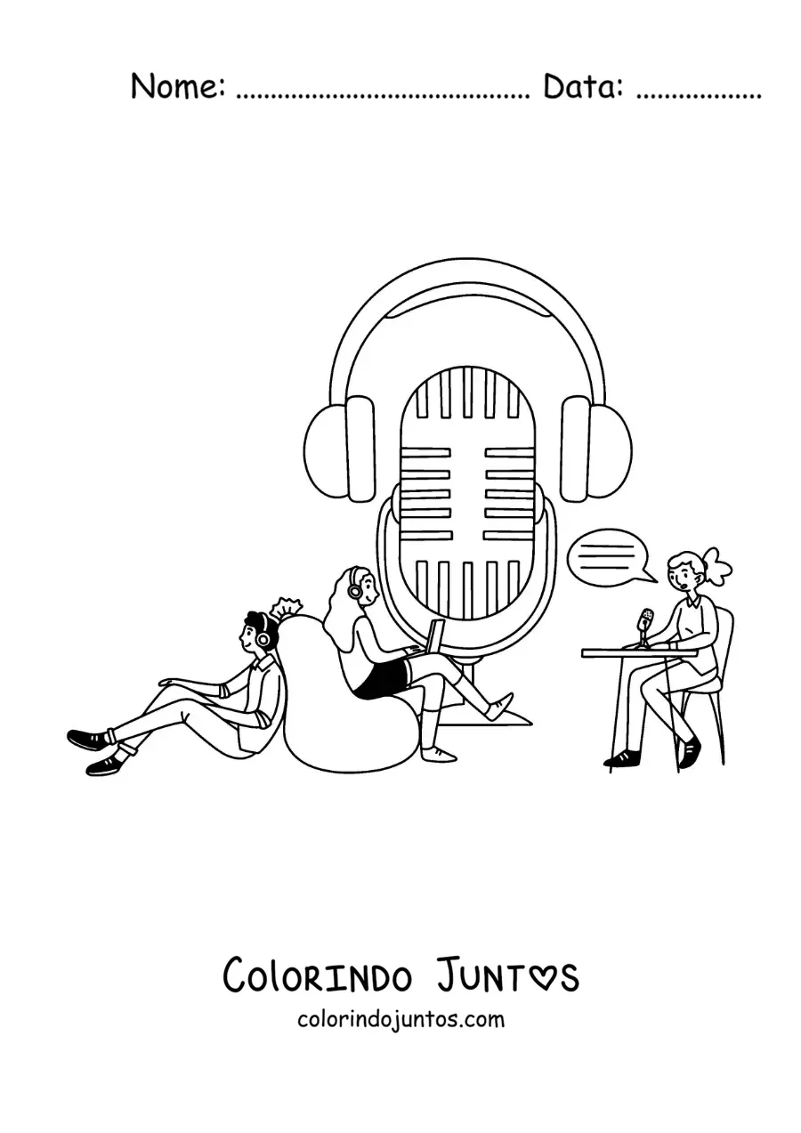 Desenho para colorir de um microfone de rádio com uma menina gravando um programa e dois meninos sentados ouvindo