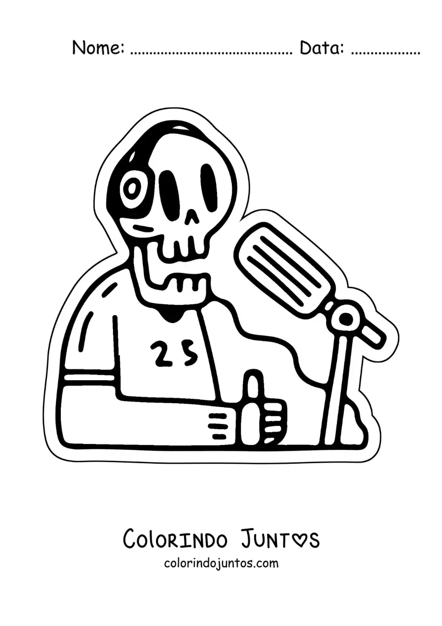 Desenho para colorir de um esqueleto animado em um programa de rádio