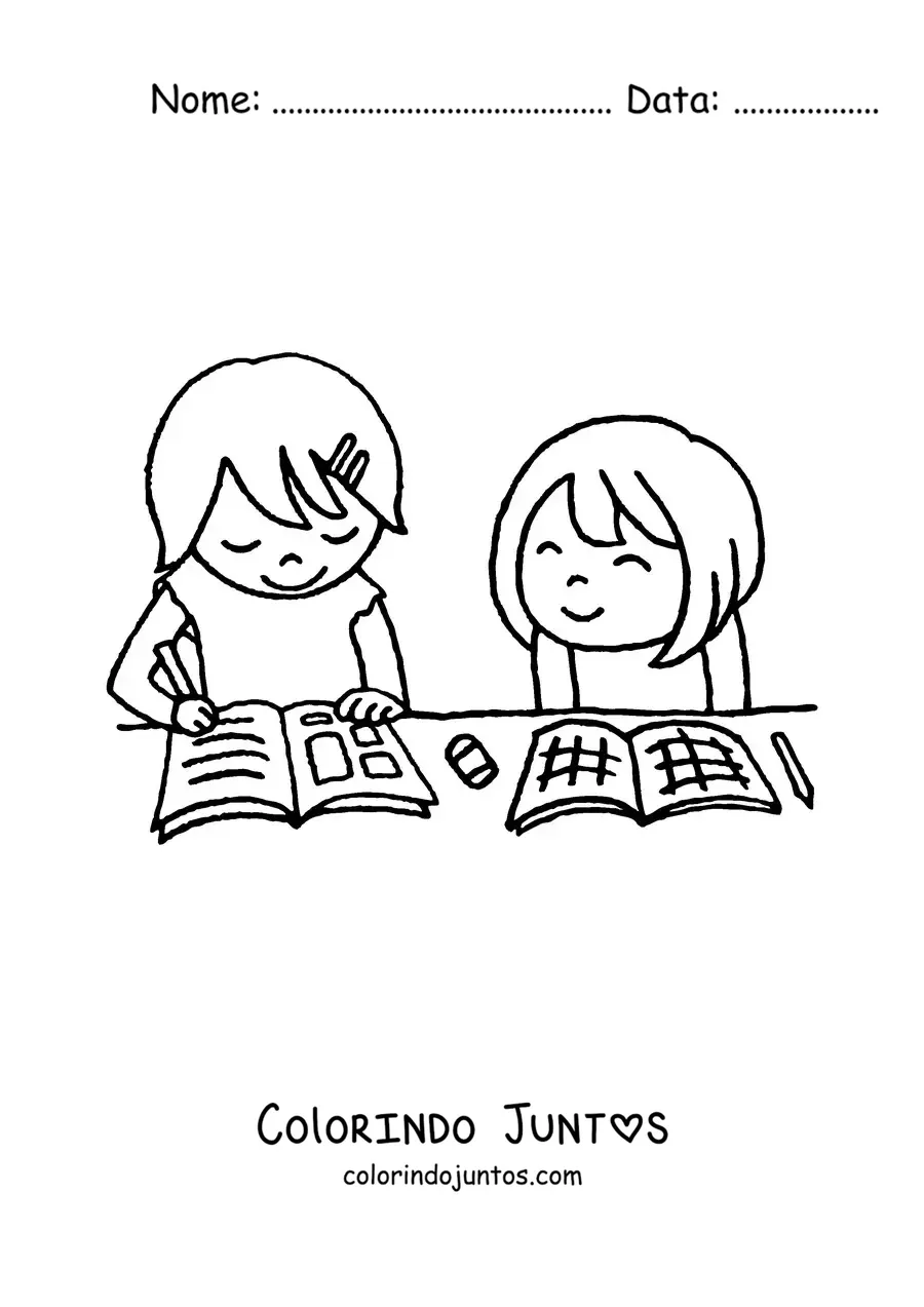 Desenho para colorir de duas meninas fazendo a lição de casa
