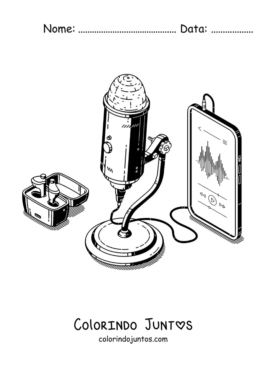 Desenho para colorir de um microfone conectado a um telefone gravando áudio para um podcast