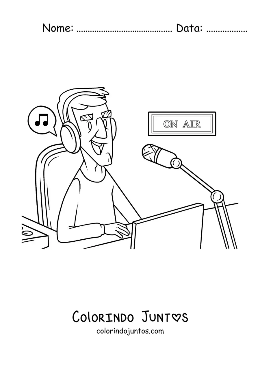 Desenho para colorir de um locutor em um programa musical de rádio