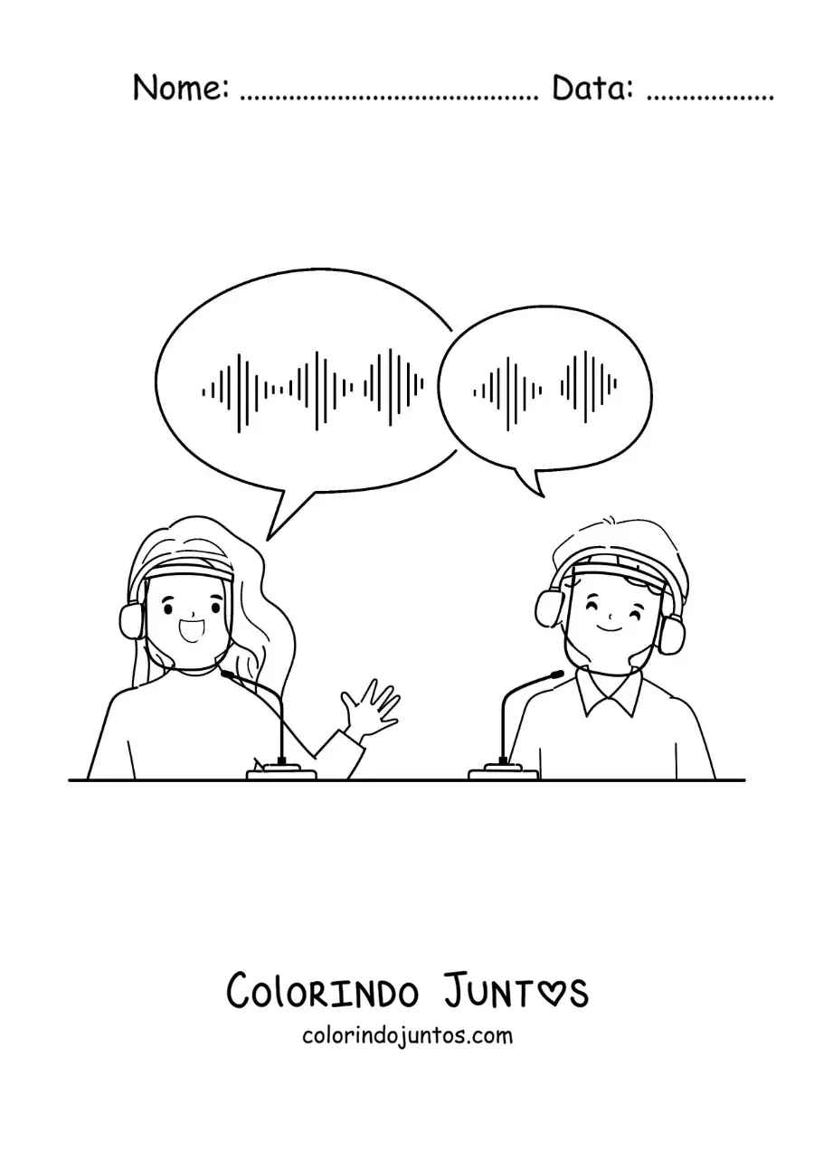 Desenho para colorir de dois locutores narrando as notícias no rádio
