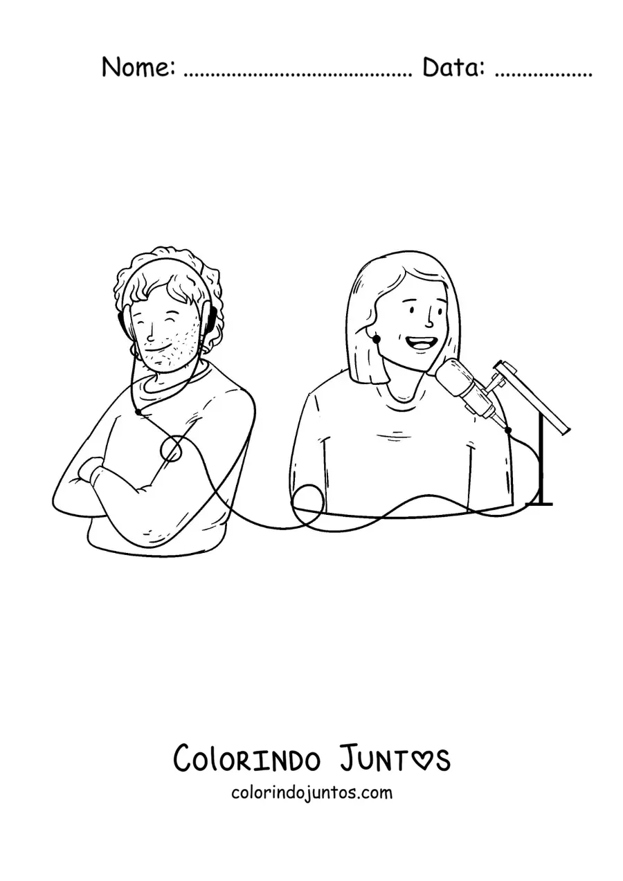 Desenho para colorir de uma locutora de rádio e um radiouvinte