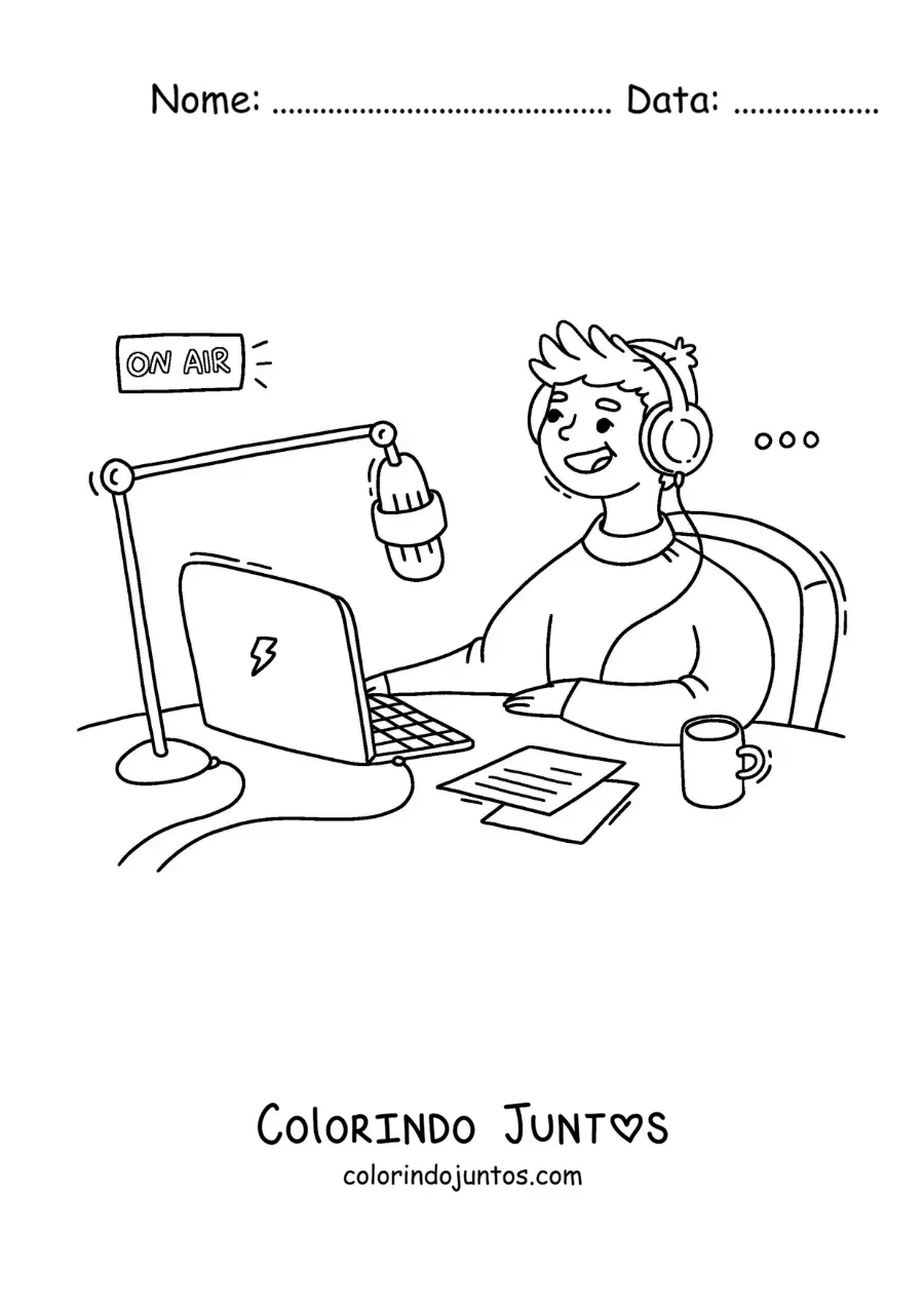 Desenho para colorir de um jovem no ar gravando um podcast