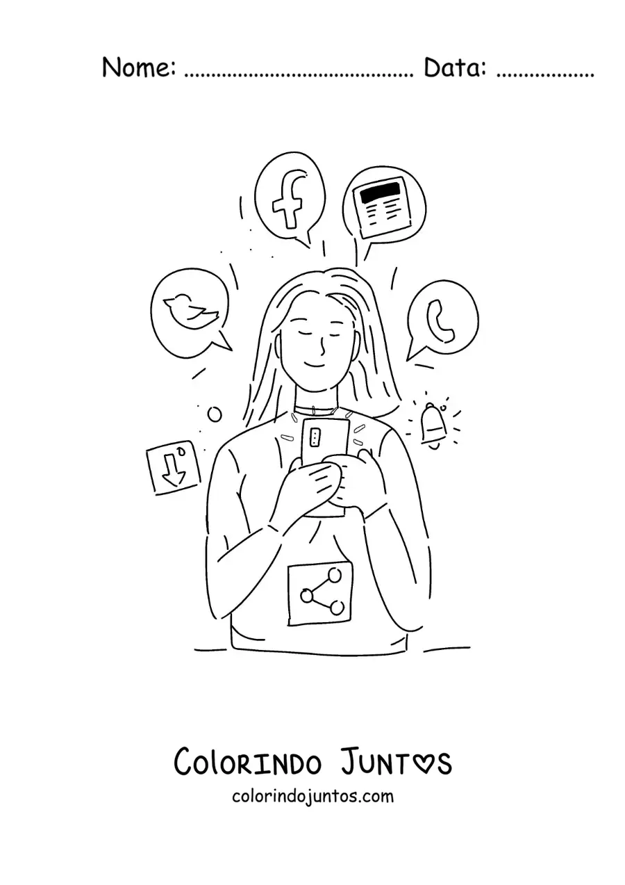 Desenho para colorir de uma menina vendo as redes sociais no celular