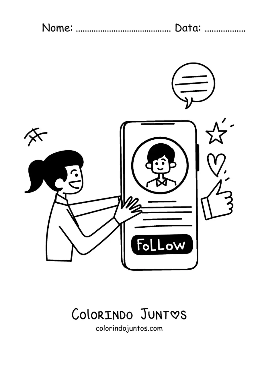 Desenho para colorir de uma menina seguindo um menino nas redes sociais