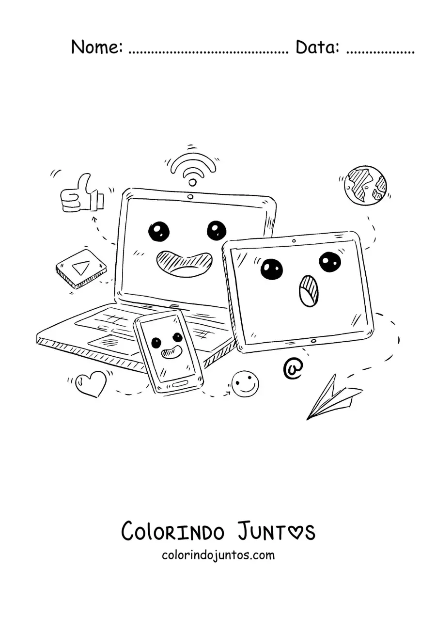 Desenho para colorir de um notebook, um telefone e um tablet kawaii conectados à internet