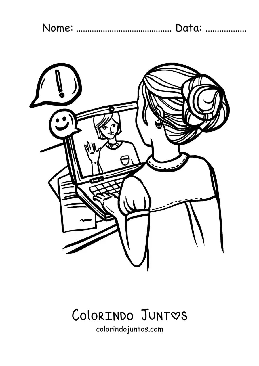 Desenho para colorir de uma menina em uma videochamada pelo notebook