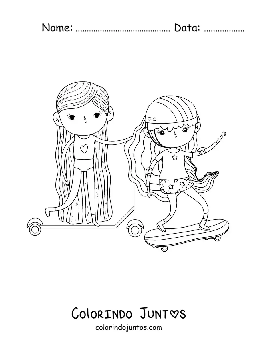 Desenho para colorir de duas meninas de patins se exercitando