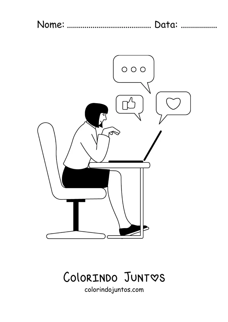 Desenho para colorir de uma mulher conectada às redes sociais no notebook