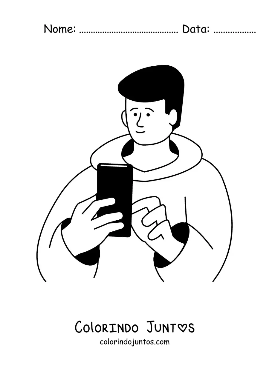 Desenho para colorir de um menino conectado às redes sociais no celular