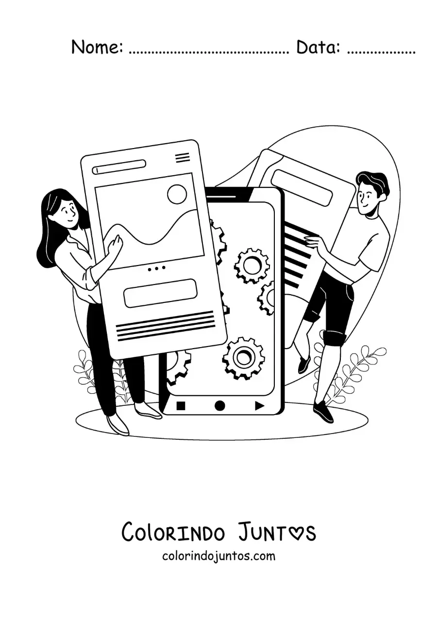 Desenho para colorir de dois jovens usando as redes sociais como meio de comunicação