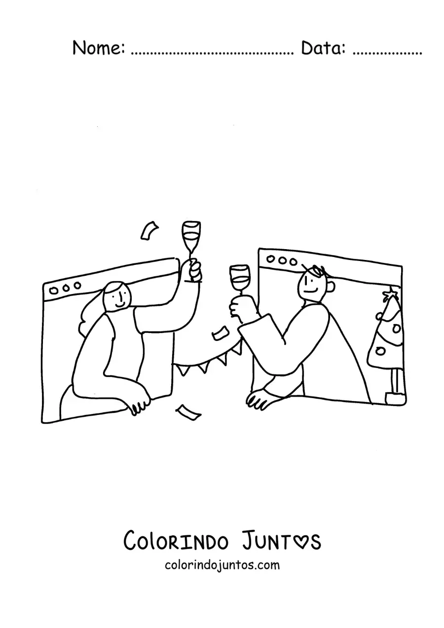 Desenho para colorir de duas pessoas se comunicando à distância por videochamada