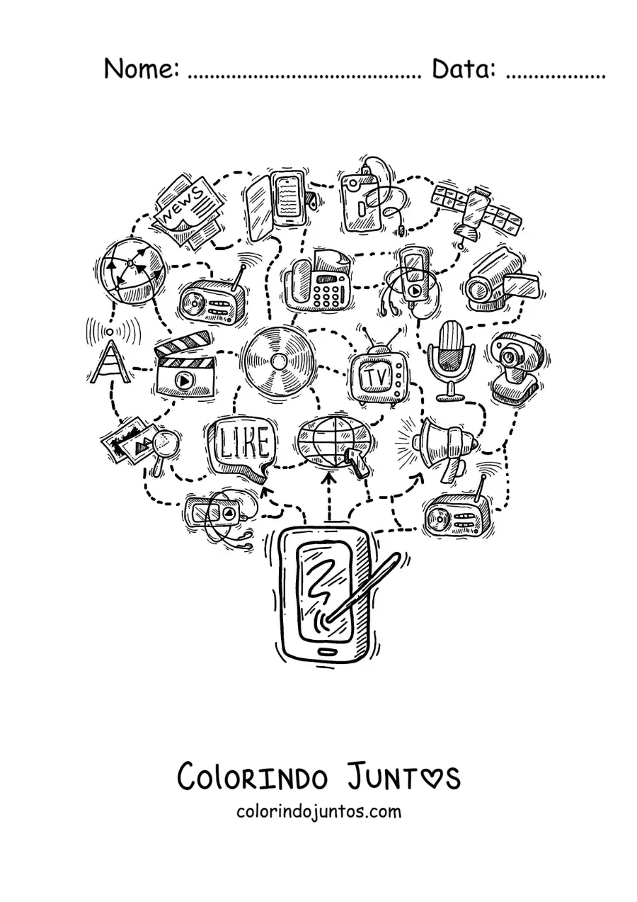 Desenho para colorir de um smartphone conectado às redes sociais