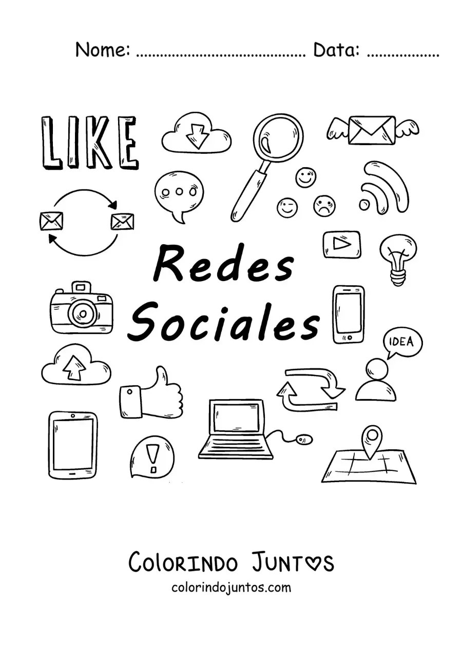 Desenho para colorir de símbolos das redes sociais como meio de comunicação de massa