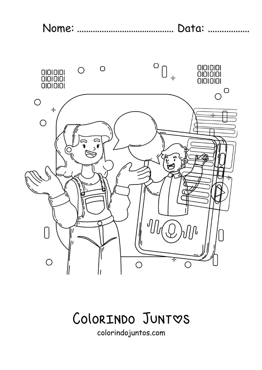 Desenho para colorir de uma menina e um menino conversando por videochamada no telefone