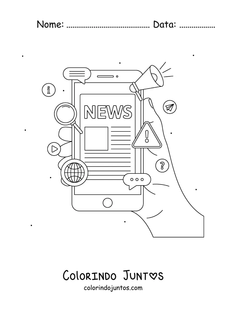 Desenho para colorir de uma mão segurando um telefone que mostra notícias na tela